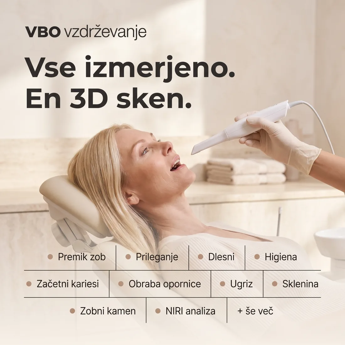 Vse izmerjeno z enim 3D skenom: premik zob, prileganje, dlesni, higiena, začetni kariesi, obraba opornice, ugriz, sklenina, zobni kamen in NIRI analiza.
