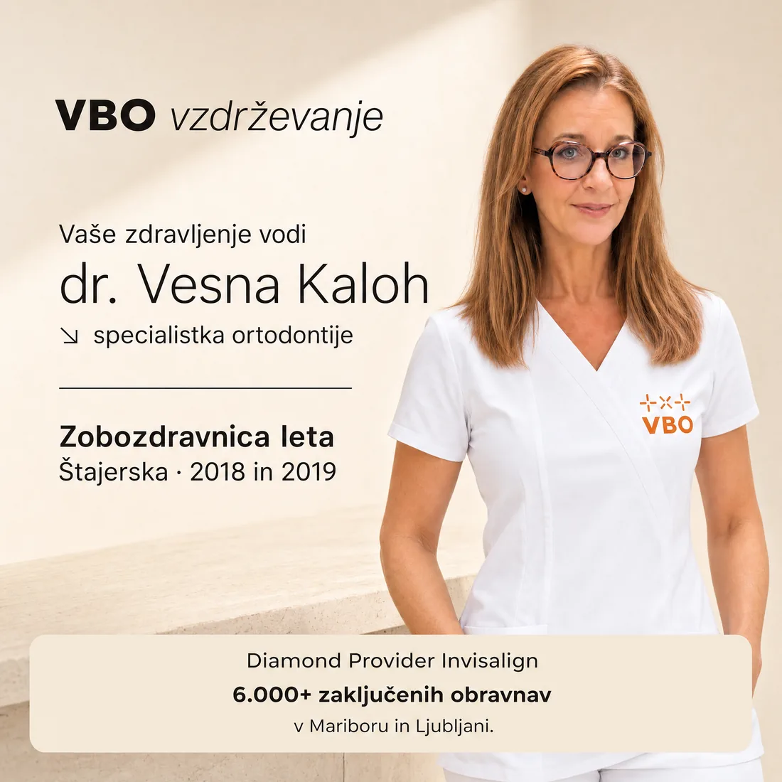 Vašo poravnavo vodi dr. Vesna Kaloh, specialistka ortodontije, zobozdravnica leta Štajerska 2018 in 2019. Diamond Provider Invisalign, 6.000+ zaključenih obravnav v Mariboru in Ljubljani.